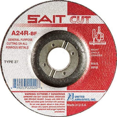 Sait - 24 Grit, 6" Wheel Diam, 1/8" Wheel Thickness, 7/8" Arbor Hole, Type 27 Depressed Center Wheel - Aluminum Oxide, Resinoid Bond, R Hardness, 10,200 Max RPM, Compatible with Angle Grinder - Industrial Tool & Supply