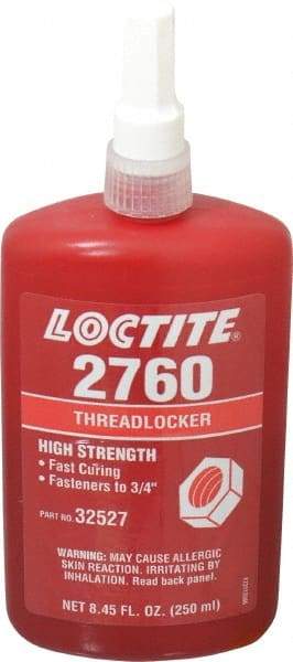 Loctite - 250 mL Bottle, Red, High Strength Liquid Threadlocker - Series 2760, 24 hr Full Cure Time, Hand Tool, Heat Removal - Industrial Tool & Supply