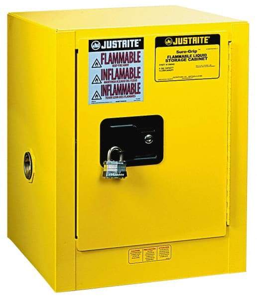 Justrite - 1 Door, 1 Shelf, Yellow Steel Bench Top Safety Cabinet for Flammable and Combustible Liquids - 22" High x 17" Wide x 17" Deep, Self Closing Door, 4 Gal Capacity - Industrial Tool & Supply