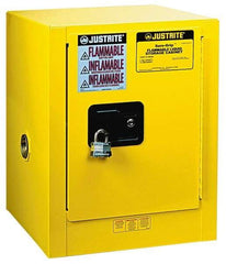 Justrite - 1 Door, 1 Shelf, Yellow Steel Bench Top Safety Cabinet for Flammable and Combustible Liquids - 22" High x 17" Wide x 17" Deep, Manual Closing Door, 4 Gal Capacity - Industrial Tool & Supply
