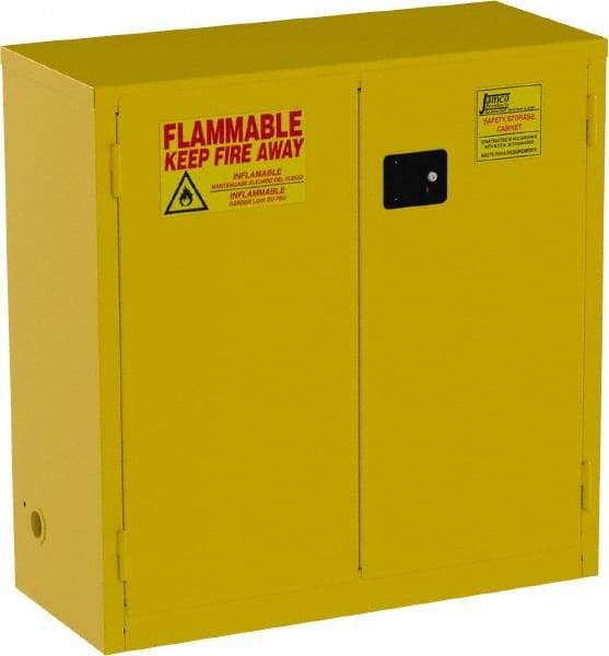 Jamco - 2 Door, 1 Shelf, Yellow Steel Standard Safety Cabinet for Flammable and Combustible Liquids - 44" High x 43" Wide x 18" Deep, Manual Closing Door, 3 Point Key Lock, 30 Gal Capacity - Industrial Tool & Supply