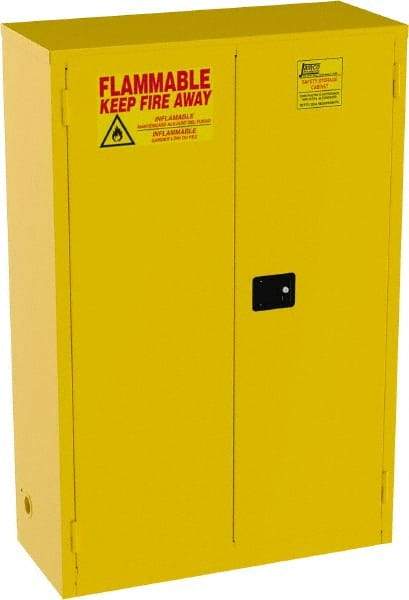 Jamco - 2 Door, 2 Shelf, Yellow Steel Standard Safety Cabinet for Flammable and Combustible Liquids - 65" High x 43" Wide x 18" Deep, Self Closing Door, 3 Point Key Lock, 45 Gal Capacity - Industrial Tool & Supply
