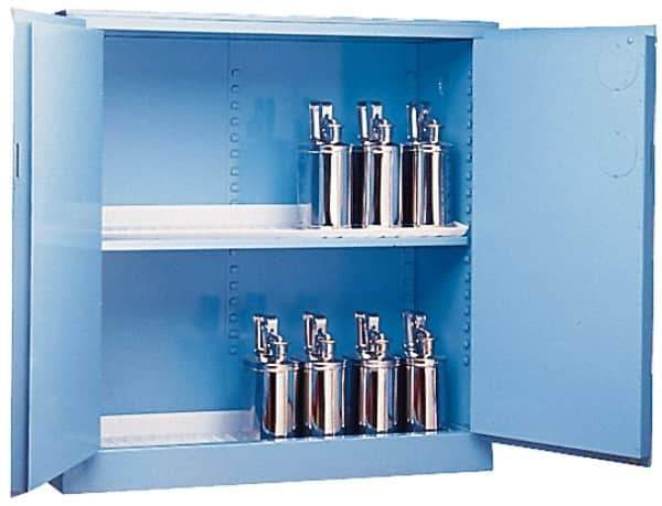 Justrite - 2 Door, 2 Shelf, Blue Steel Standard Safety Cabinet for Corrosive Chemicals - 65" High x 34" Wide x 34" Deep, Manual Closing Door, 3 Point Key Lock, 60 Gal Capacity - Industrial Tool & Supply