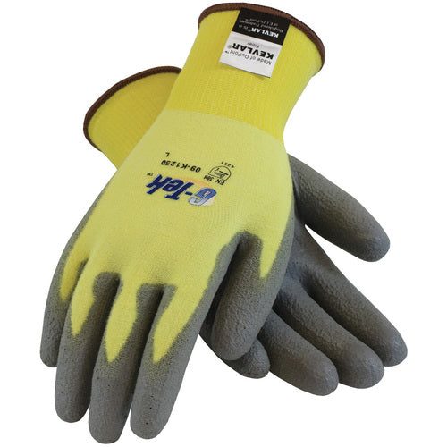 09-K1250/XS Gloves w/Kevlar Brand - G-Tek KEV - Yellow 15G Kevlar/Lycra Seamless Knit - Gray PU Grip A2 - Exact Industrial Supply