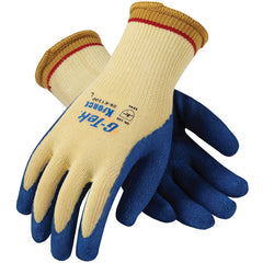‎09-K1300/L Gloves w/Kevlar Brand - G-Tek KEV - 100% Kevlar 7G Yellow Shell - Blue Latex Crinkle Grip - A4 - Exact Industrial Supply