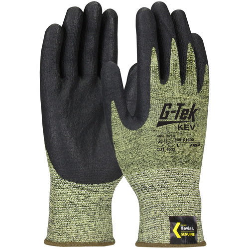 09-K1600/S Gloves w/Kevlar Brand - G-Tek KEV - Kevlar Engineered Yarn - Yel/Blk 13 Gauge - Nitrile Foam - A7 - Exact Industrial Supply
