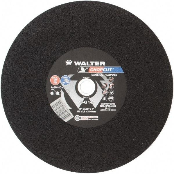 WALTER Surface Technologies - 14" 30 Grit Aluminum Oxide Cutoff Wheel - 3/32" Thick, 1" Arbor, 4,400 Max RPM, Use with Electric & Gas Powered Saws - Industrial Tool & Supply