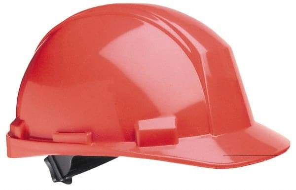 North - ANSI Type II, Class E Rated, 4-Point, Ratchet Adjustment Hard Hat - One Size Fits Most, Orange, Standard Brim - Industrial Tool & Supply