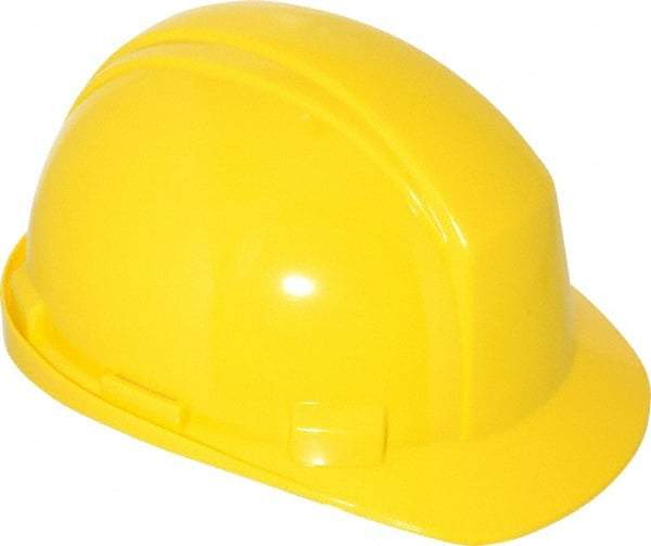 North - ANSI Type II, Class E Rated, 4-Point, Ratchet Adjustment Hard Hat - One Size Fits Most, Yellow, Standard Brim - Industrial Tool & Supply