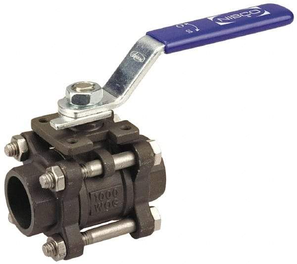 NIBCO - 1/2" Pipe, Full Port, Carbon Steel Standard Ball Valve - 3 Piece, Inline - One Way Flow, Socket Weld x Socket Weld Ends, Locking Lever Handle, 1,000 WOG - Industrial Tool & Supply