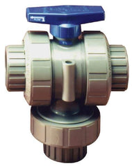 Plast-O-Matic - 1/2" Pipe, PVC True Union Design Ball Valve - Three Way, FNPT x FNPT x FNPT Ends, Tee Handle, 175 WOG - Industrial Tool & Supply