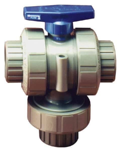 Plast-O-Matic - 3/4" Pipe, PVC True Union Design Ball Valve - Three Way, FNPT x FNPT x FNPT Ends, Tee Handle, 175 WOG - Industrial Tool & Supply
