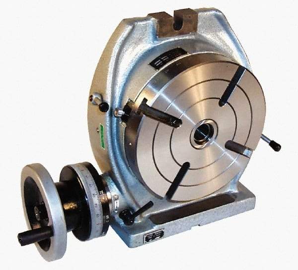 Phase II - 16" Table Diam, Horizontal & Vertical Rotary Machining Table - 10.24" Centerline Height, 0.825" Bore Diam, 4MT Center Taper, 0.71" T-Slot Width, 90:1 Gear Ratio - Industrial Tool & Supply