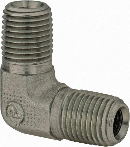Parker - 1/4 Male Thread, Zinc Plated Steel Industrial Pipe 90° Male Elbow - MNPTF, 6,000 psi - Industrial Tool & Supply