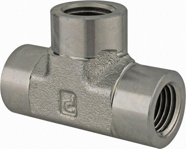Parker - 3/8 Female Thread, Zinc Plated Steel Industrial Pipe Female Tee - FNPTF, 4,500 psi - Industrial Tool & Supply