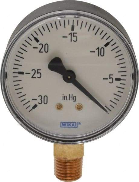 Wika - 2-1/2" Dial, 1/4 Thread, 30-0 Scale Range, Pressure Gauge - Lower Connection Mount, Accurate to 3-2-3% of Scale - Industrial Tool & Supply