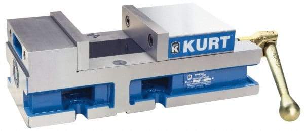 Kurt - 6" Jaw Width, 4" Jaw Opening Capacity, Horizontal Stationary Machine Vise - Reverse Manual Operation, 6,356 Lb Capacity, 1 Station, 14.88" Long x 4.6720" High x 1-31/64" Deep, 1.735" Jaw Height, 80 Lb Max Clamp Force - Industrial Tool & Supply