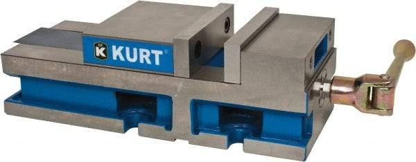 Kurt - 6" Jaw Width, 6" Jaw Opening Capacity, Horizontal Stationary Machine Vise - Reverse Manual Operation, 6,356 Lb Capacity, 1 Station, 17" Long x 4.6720" High x 1-31/64" Deep, 1.735" Jaw Height, 80 Lb Max Clamp Force - Industrial Tool & Supply
