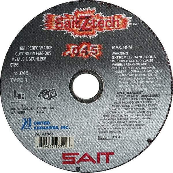 Sait - 4" Zirconia Alumina Cutoff Wheel - 0.045" Thick, 5/8" Arbor, 19,000 Max RPM, Use with Angle Grinders - Industrial Tool & Supply