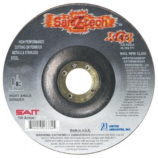 Sait - 5" Wheel Diam, 7/8" Arbor Hole, Type 27 Depressed Center Wheel - Zirconia Alumina, Resinoid Bond, 12,200 Max RPM, Compatible with Angle Grinder - Industrial Tool & Supply