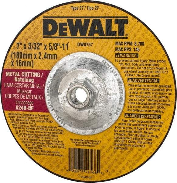 DeWALT - 24 Grit, 7" Wheel Diam, 3/32" Wheel Thickness, Type 27 Depressed Center Wheel - Aluminum Oxide, R Hardness, 8,700 Max RPM, Compatible with Angle Grinder - Industrial Tool & Supply