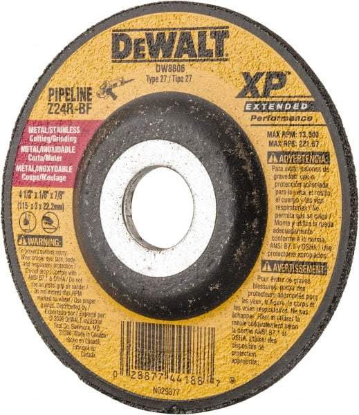DeWALT - 24 Grit, 4-1/2" Wheel Diam, 1/8" Wheel Thickness, 7/8" Arbor Hole, Type 27 Depressed Center Wheel - Zirconia Alumina, R Hardness, 13,300 Max RPM, Compatible with Angle Grinder - Industrial Tool & Supply