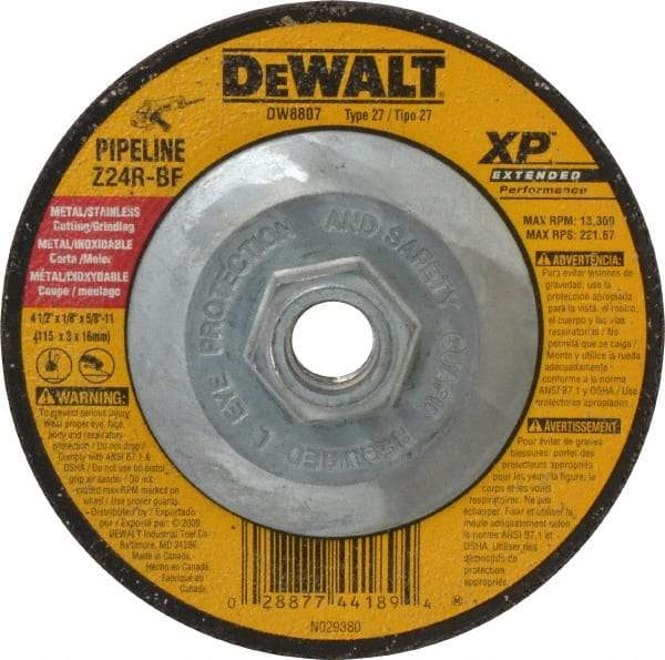 DeWALT - 24 Grit, 4-1/2" Wheel Diam, 1/8" Wheel Thickness, Type 27 Depressed Center Wheel - Zirconia Alumina, R Hardness, 13,300 Max RPM, Compatible with Angle Grinder - Industrial Tool & Supply