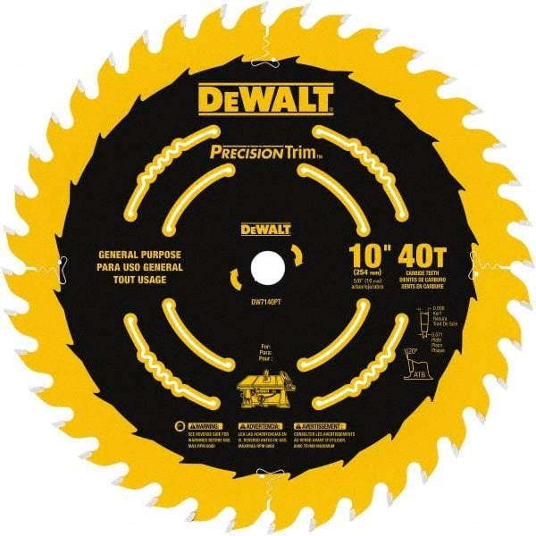 DeWALT - 10" Diam, 5/8" Arbor Hole Diam, 40 Tooth Wet & Dry Cut Saw Blade - Carbide-Tipped, General Purpose Action, Standard Round Arbor - Industrial Tool & Supply