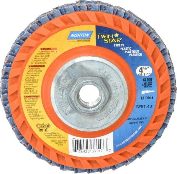 Norton - 40 Grit, 4-1/2" Disc Diam, 5/8-11 Center Hole, Type 27 Ceramic Flap Disc - 13,000 Max RPM, Plastic Backing, Arbor Attaching System, Coated - Industrial Tool & Supply