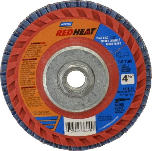 Norton - 80 Grit, 4-1/2" Disc Diam, 5/8-11 Center Hole, Type 27 Ceramic Flap Disc - 13,000 Max RPM, Plastic Backing, Arbor Attaching System, Coated - Industrial Tool & Supply