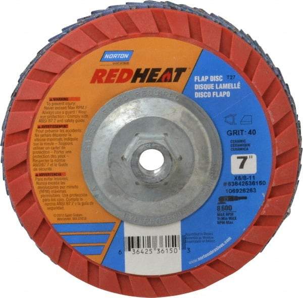 Norton - 40 Grit, 7" Disc Diam, 5/8-11 Center Hole, Type 27 Ceramic Flap Disc - 8,600 Max RPM, Plastic Backing, Arbor Attaching System, Coated - Industrial Tool & Supply