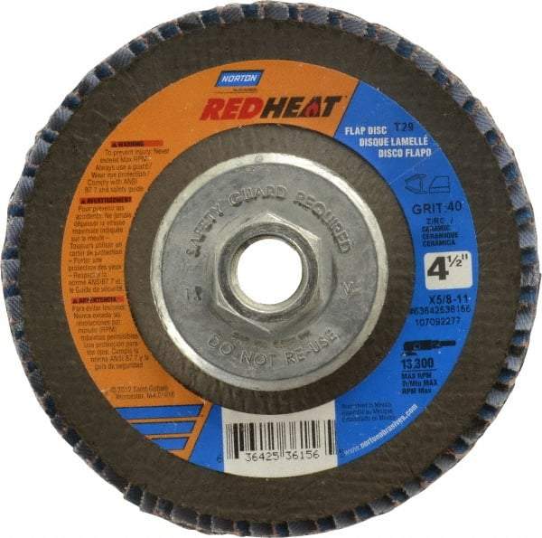 Norton - 40 Grit, 4-1/2" Disc Diam, 5/8-11 Center Hole, Type 29 Ceramic Flap Disc - 13,000 Max RPM, Fiberglass Backing, Arbor Attaching System, Coated - Industrial Tool & Supply