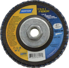 Norton - 60 Grit, 4-1/2" Disc Diam, 5/8-11 Center Hole, Type 29 Ceramic Flap Disc - 13,000 Max RPM, Fiberglass Backing, Arbor Attaching System, Coated - Industrial Tool & Supply