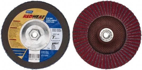 Norton - 40 Grit, 7" Disc Diam, 5/8-11 Center Hole, Type 29 Ceramic Flap Disc - 8,600 Max RPM, Fiberglass Backing, Arbor Attaching System, Coated - Industrial Tool & Supply
