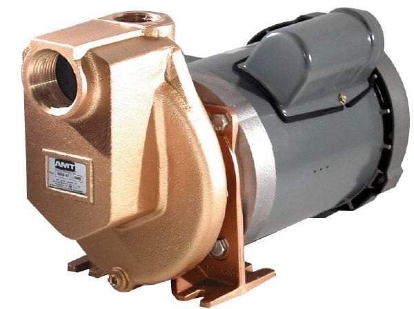 American Machine & Tool - 115/230 Volt, 1 Phase, 3/4 HP, Self Priming Pump - 1-1/2 Inch Inlet, 52 Head Pressure, Bronze and Cast Iron Housing, Bronze Impeller, PTFE Seal - Industrial Tool & Supply