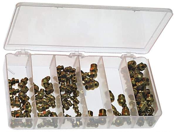 Precision Brand - 90 Piece, Inch, Grease Fitting Set - Includes (30) 1/8 NPT x Straight, (5) 1/8 NPT x 45°, (5) 1/8 NPT x 90°, Grease Fittings: (30)1/4-28 x Straight, (10) 1/4-28 x 45°, (10) 1/4-28 x 90° - Industrial Tool & Supply