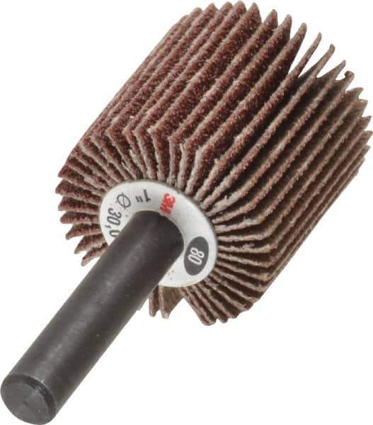 3M - 1" Diam x 1" Face Width, Medium Aluminum Oxide Coated Mounted Flap Wheel - 1/4" Shank Mount, 80 Grit, XE Weighted Cloth Backing, 30,000 Max RPM - Industrial Tool & Supply