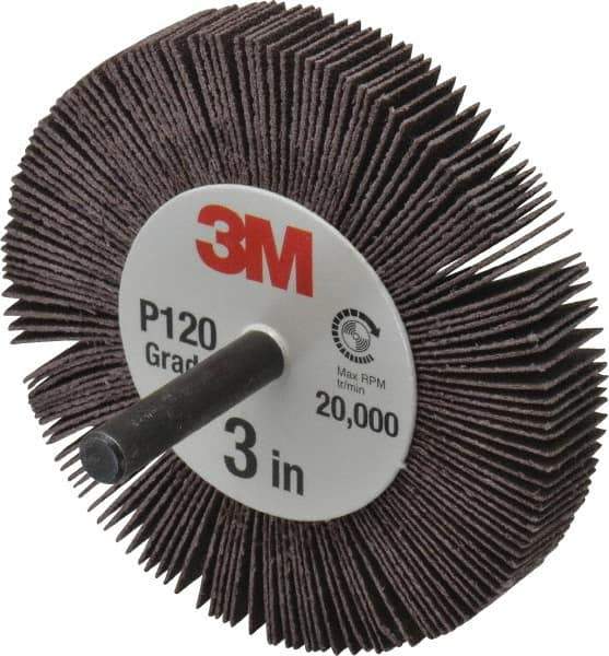 3M - 3" Diam x 1/2" Face Width, Fine Aluminum Oxide Coated Mounted Flap Wheel - 1/4" Shank Mount, 120 Grit, XE Weighted Cloth Backing, 18,000 Max RPM - Industrial Tool & Supply