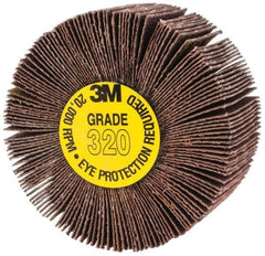 3M - 2" Diam x 1" Face Width, Extra Fine Aluminum Oxide Coated Mounted Flap Wheel - 1/4" Shank Mount, 320 Grit, XE Weighted Cloth Backing, 20,000 Max RPM - Industrial Tool & Supply