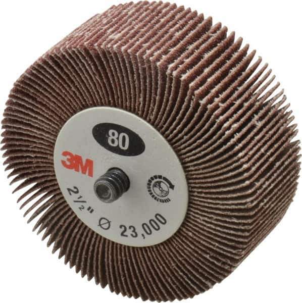 3M - 2-1/2" Diam x 1" Face Width, Medium Aluminum Oxide Coated Mounted Flap Wheel - 1/4-20 Threaded Mount, 80 Grit, XE Weighted Cloth Backing, 20,000 Max RPM - Industrial Tool & Supply
