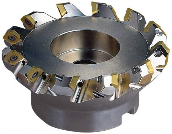 Seco - 4.49" Cut Diam, 1-1/2" Arbor Hole, 0.236" Max Depth of Cut, 45° Indexable Chamfer & Angle Face Mill - 10 Inserts, SE.X 43 Insert, Right Hand Cut, 10 Flutes, Through Coolant, Series R220.53 - Industrial Tool & Supply