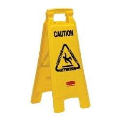 Rubbermaid - Caution, 11" Wide x 25" High, Plastic Floor Sign - English/French/Spanish, A-Frame, Black on Yellow, For Restroom, Janitorial & Housekeeping - Industrial Tool & Supply