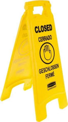 Rubbermaid - Closed, 11" Wide x 25" High, Plastic Floor Sign - English/French/German/Spanish, A-Frame, Black on Yellow, For Restroom, Janitorial & Housekeeping - Industrial Tool & Supply