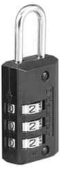 Master Lock - 1-3/16" Body Width, 7/8" Shackle Clearance, Die Cast Zinc Black Finish Combination Lock - 1/8" Shackle Diam, 3/8" Shackle Width - Industrial Tool & Supply