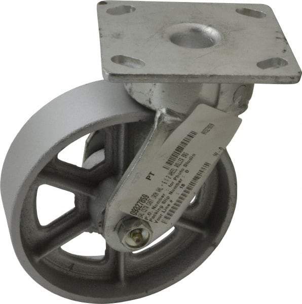 Albion - 6" Diam x 2" Wide x 7-1/2" OAH Top Plate Mount Swivel Caster - Cast Iron, 1,200 Lb Capacity, Roller Bearing, 4 x 4-1/2" Plate - Industrial Tool & Supply