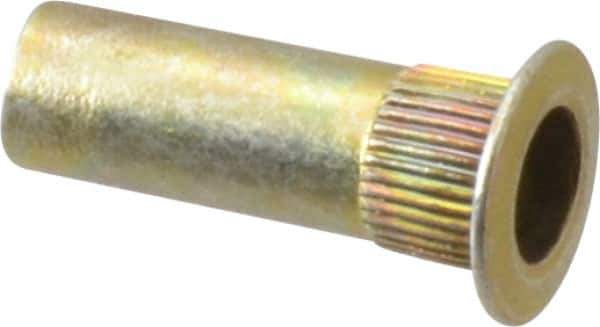 Made in USA - #6-32, 0.265 Insert Diam, 0.74" OAL, Knurled Body Closed End Threaded Insert - 0.2656" Hole Diam, 0.39" Head Diam, 1008/1010 Steel, Clear Protective Coating & Zinc Yellow Dichromate Finish - Industrial Tool & Supply