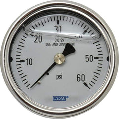 Wika - 2-1/2" Dial, 1/4 Thread, 0-60 Scale Range, Pressure Gauge - Center Back Connection Mount, Accurate to 2-1-2% of Scale - Industrial Tool & Supply