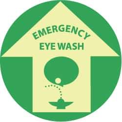 NMC - Emergency Eye Wash, Anti-Skid Polyester Floor Sign - Round, Green on Yellow (Glow), Adhesive Backed, For First Aid - Industrial Tool & Supply