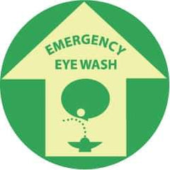 NMC - Emergency Eye Wash, Anti-Skid Polyester Floor Sign - Round, Green on Yellow (Glow), Adhesive Backed, For First Aid - Industrial Tool & Supply