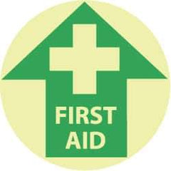 NMC - First Aid, Anti-Skid Polyester Floor Sign - Round, Green on Yellow (Glow), Adhesive Backed, For First Aid - Industrial Tool & Supply